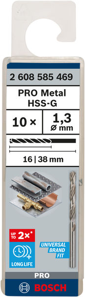 Broca helicoidal PRO Metal HSS-G, longitud estándar, 1,3 x 16 x 38 mm, 10 unidades