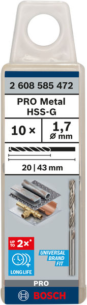Broca helicoidal PRO Metal HSS-G, longitud estándar, 1,7 x 20 x 43 mm, 10 unidades