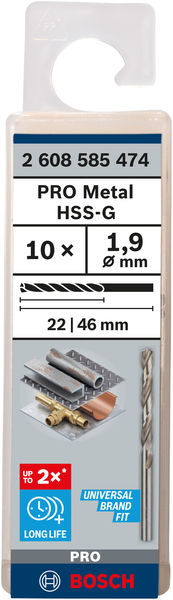 Broca helicoidal PRO Metal HSS-G, longitud estándar, 1,9 x 22 x 46 mm, 10 unidades