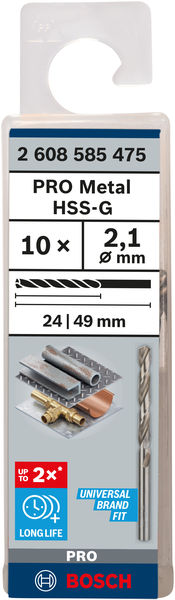 Broca helicoidal PRO Metal HSS-G, longitud estándar, 2,1 x 24 x 49 mm, 10 unidades
