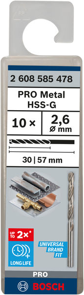 Broca helicoidal PRO Metal HSS-G, longitud estándar, 2,6 x 30 x 57 mm, 10 unidades