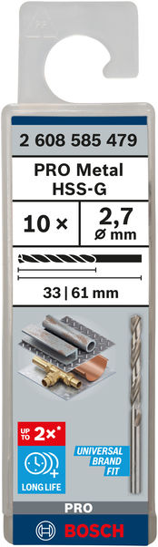 Broca helicoidal PRO Metal HSS-G, longitud estándar, 2,7 x 33 x 61 mm, 10 unidades