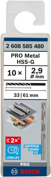 Broca helicoidal PRO Metal HSS-G, longitud estándar, 2,9 x 33 x 61 mm, 10 unidades