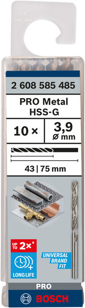 Broca helicoidal PRO Metal HSS-G, longitud estándar, 3,9 x 43 x 75 mm, 10 unidades