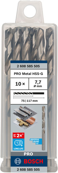 Broca helicoidal PRO Metal HSS-G, longitud estándar, 7,7 x 75 x 117 mm, 10 unidades