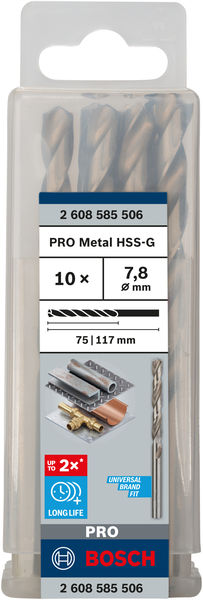 Broca helicoidal PRO Metal HSS-G, longitud estándar, 7,8 x 75 x 117 mm, 10 unidades