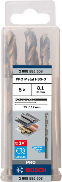 Broca helicoidal PRO Metal HSS-G, longitud estándar, 8,1 x 75 x 117 mm, 5 unidades