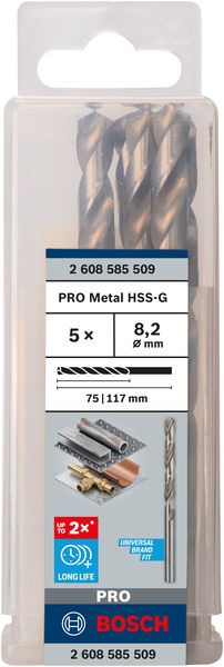 Broca helicoidal PRO Metal HSS-G, longitud estándar, 8,2 x 75 x 117 mm, 5 unidades