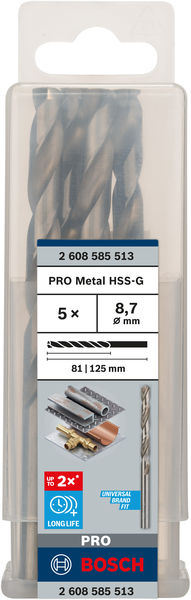 Broca helicoidal PRO Metal HSS-G, longitud estándar, 8,7 x 81 x 125 mm, 5 unidades