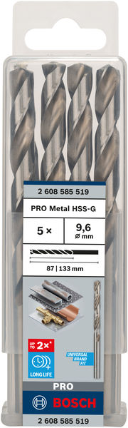 Broca helicoidal PRO Metal HSS-G, longitud estándar, 9,6 x 87 x 133 mm, 5 unidades