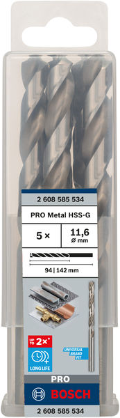 Broca helicoidal PRO Metal HSS-G, longitud estándar, 11,6 x 94 x 142 mm, 5 unidades