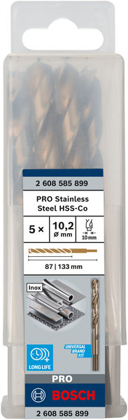 Broca helicoidal PRO Stainless Steel HSS-Co, 10,2 x 87 x 133 mm, 5 unidades