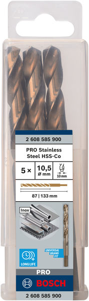 Broca helicoidal PRO Stainless Steel HSS-Co, 10,5 x 87 x 133 mm, 5 unidades