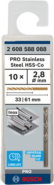 Broca helicoidal PRO Stainless Steel HSS-Co, 2,8 x 33 x 61 mm, 10 unidades