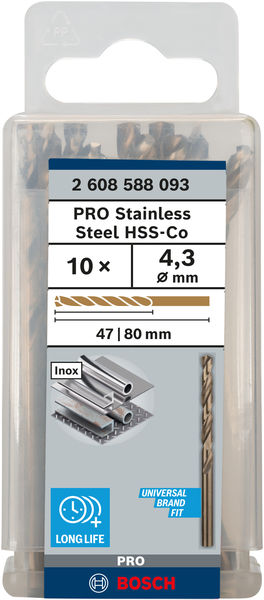 Broca helicoidal PRO Stainless Steel HSS-Co, 4,3 x 47 x 80 mm, 10 unidades
