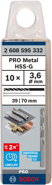 Broca helicoidal PRO Metal HSS-G, longitud estándar, 3,6 x 39 x 70 mm, 10 unidades