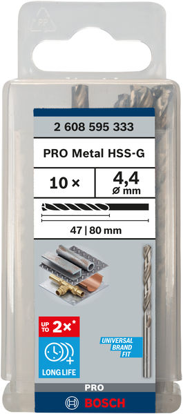 Broca helicoidal PRO Metal HSS-G, longitud estándar, 4,4 x 47 x 80 mm, 10 unidades