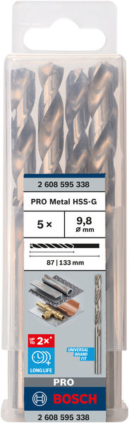 Broca helicoidal PRO Metal HSS-G, longitud estándar, 9,8 x 87 x 133 mm, 5 unidades
