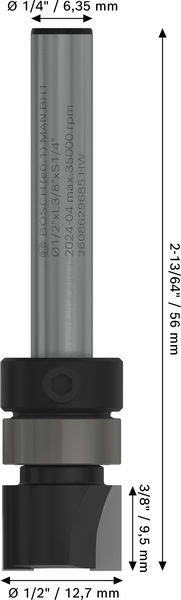 Broca fresadora de recorte al ras PRO con cojinete superior, Ø 1/2" x L 3/8", vástago de 1/4"