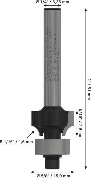 Broca fresadora para redondeo PRO, R 1/16″, vástago de 1/4″