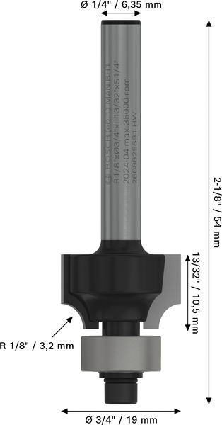 Broca fresadora para redondeo PRO, R 1/8″, vástago de 1/4″