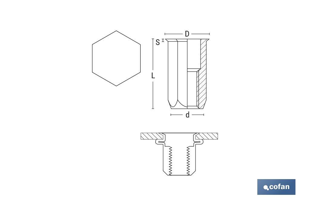 TUERCAS REMACHABLES HEXAGONAL CABEZA REDUCIDA ACERO M4