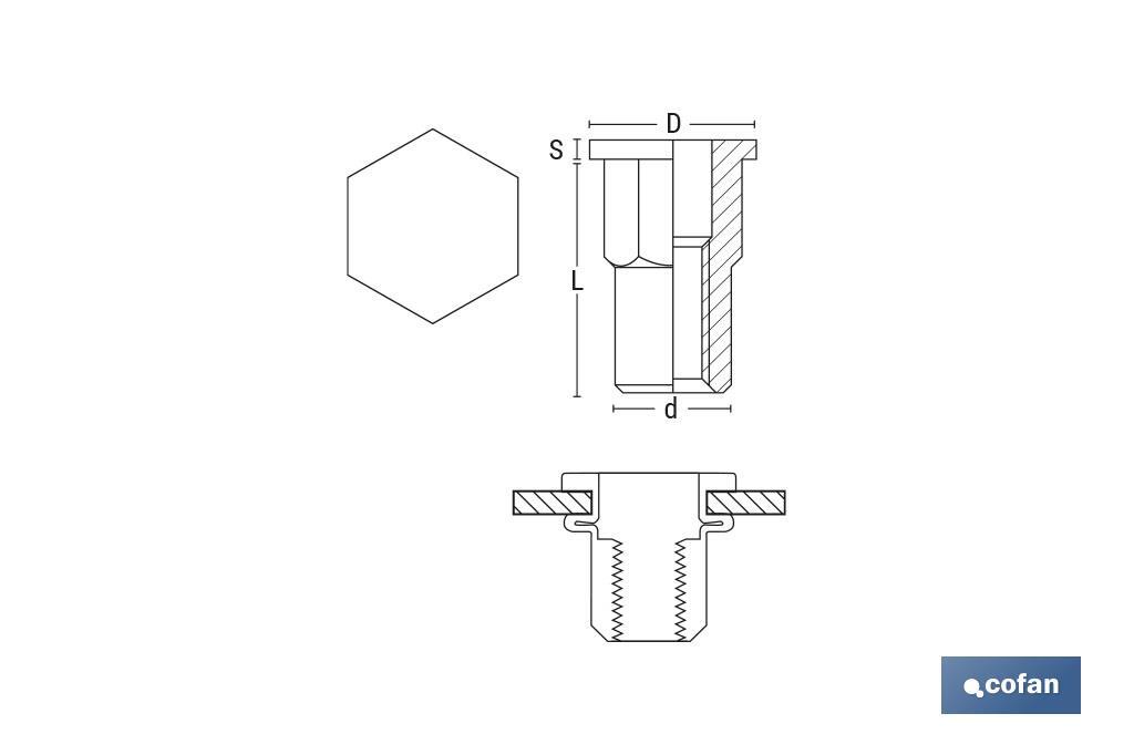 TUERCAS REMACHABLES SEMIHEXAGONAL FONDO ABIERTO CABEZA ANCHA ACERO M4 X 11,5