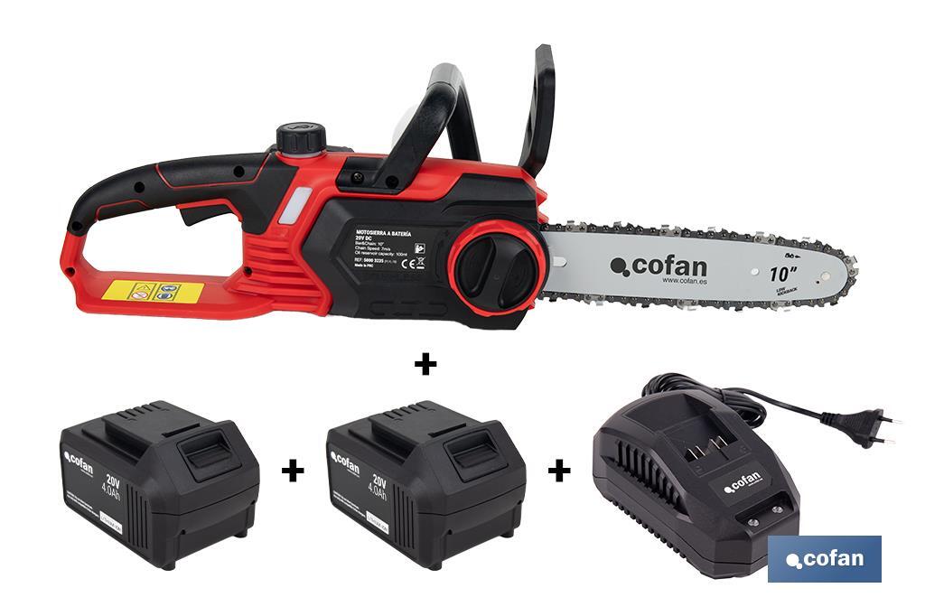 Kit de motosierra a batería con dos baterías de litio 20 V 4.0 Ah | Motosierra sin escobillas | Espada de 10 | Eficiencia y precisión en cortes de madera