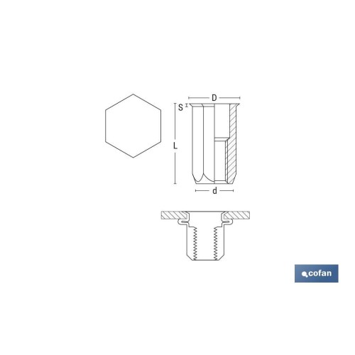TUERCAS REMACHABLES HEXAGONAL CABEZA REDUCIDA ACERO M4