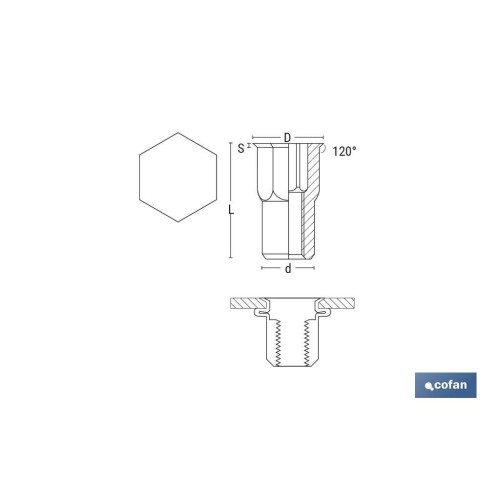 TUERCAS REMACHABLES SEMIHEXAGONAL FONDO ABIERTO CABEZA REDUCIDA ACERO M4 X 12