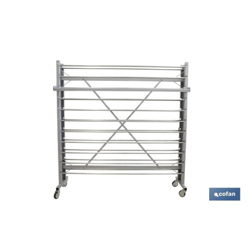 EXPOSITOR DE HULES Y MANTELES HORIZONTAL CON CORTADOR Y RUEDAS PARA 22 ROLLOS