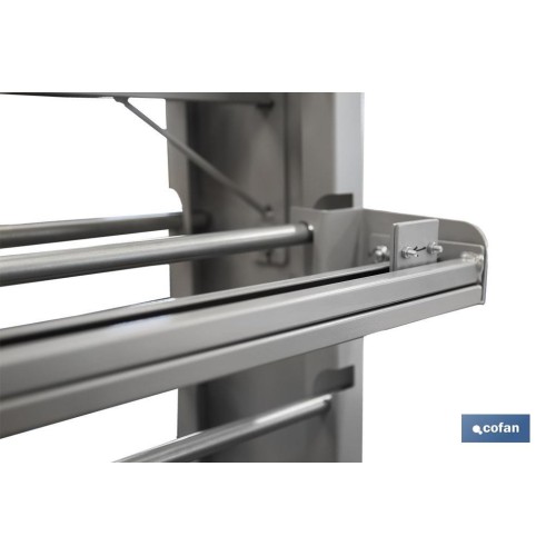 EXPOSITOR DE HULES Y MANTELES HORIZONTAL CON CORTADOR Y RUEDAS PARA 22 ROLLOS