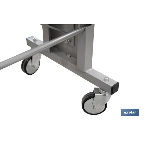 EXPOSITOR DE HULES Y MANTELES HORIZONTAL CON CORTADOR Y RUEDAS PARA 22 ROLLOS