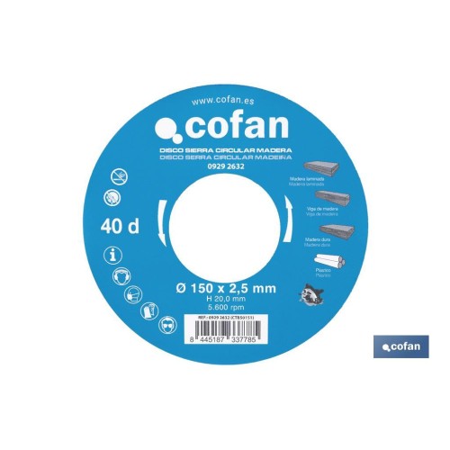 DISCO DE SIERRA CIRCULAR PARA MADERA Ø150 X 2,5 X 20 MM, 40 DIENTES
