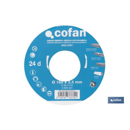 DISCO DE SIERRA CIRCULAR PARA MADERA Ø160 X 2,5 X 30 MM, 24 DIENTES