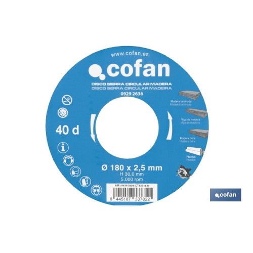 DISCO DE SIERRA CIRCULAR PARA MADERA Ø180 X 2,5 X 30 MM, 40 DIENTES