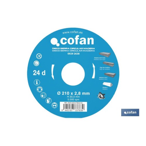 DISCO DE SIERRA CIRCULAR PARA MADERA Ø210 X 2,8 X 30 MM, 24 DIENTES