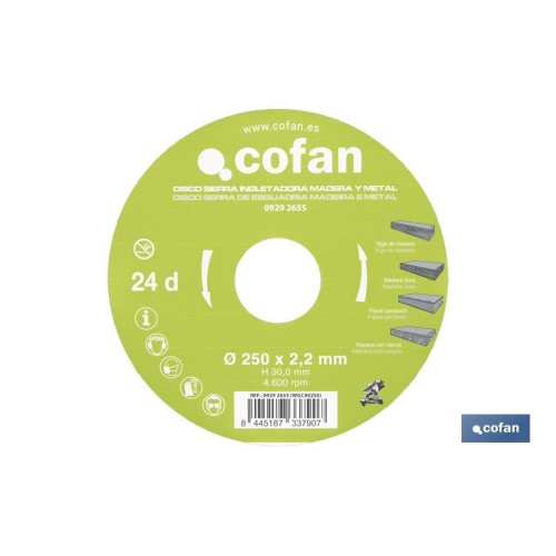DISCO DE SIERRA INGLETADORA PARA MADERA/METAL Ø250 X 2,2 X 30 MM, 24 DIENTES