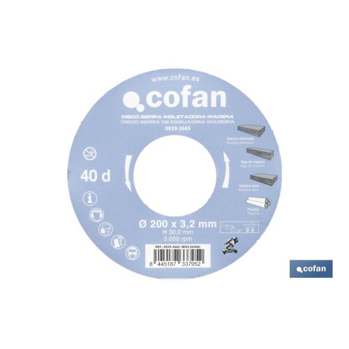 DISCO DE SIERRA INGLETADORA PARA MADERA Ø200 X 3,2 X 30 MM, 40 DIENTES