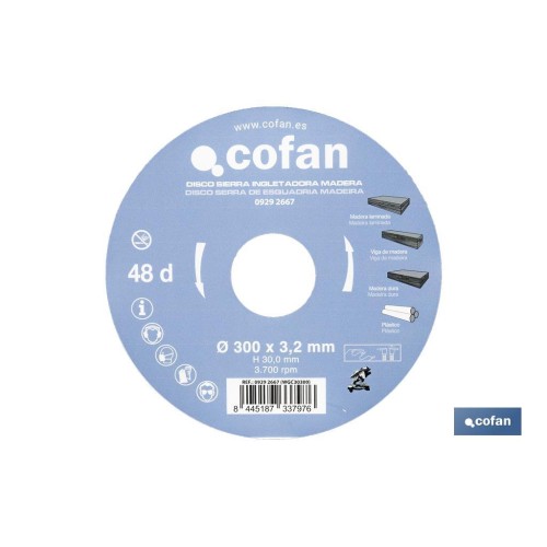 DISCO DE SIERRA INGLETADORA PARA MADERA Ø300 X 3,2 X 30 MM, 48 DIENTES