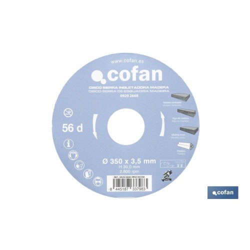 DISCO DE SIERRA INGLETADORA PARA MADERA Ø350 X 3,5 X 30 MM, 56 DIENTES