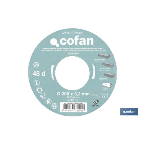DISCO DE SIERRA INGLETADORA PARA MADERA CON INSERTOS DE METAL DURO Ø200 X 3,2 X 30 MM, 48 DIENTES