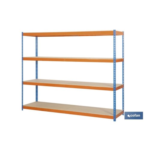 ESTANTERÍA MEDIA CARGA AZUL/NARANJA 4 BALDAS DE MADERA 2000 X 1500 X 600 MM