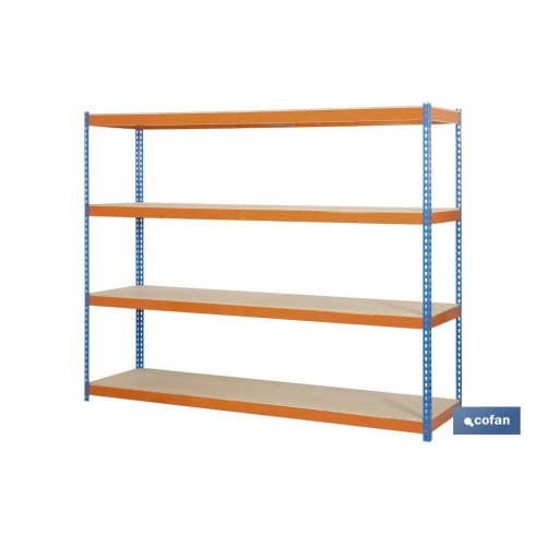 ESTANTERÍA MEDIA CARGA AZUL/NARANJA 4 BALDAS DE MADERA 2000 X 2100 X 600 MM