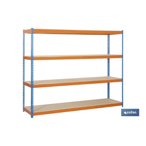 ESTANTERÍA MEDIA CARGA AZUL/NARANJA 4 BALDAS DE MADERA 2000 X 2400 X 600 MM