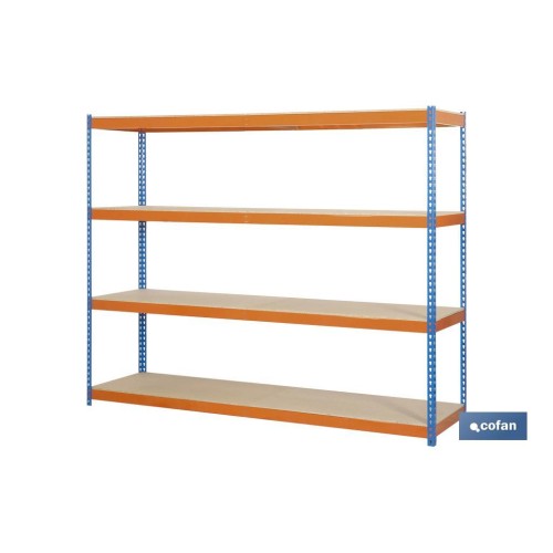 ESTANTERÍA MEDIA CARGA AZUL/NARANJA 4 BALDAS DE MADERA 2000 X 2400 X 600 MM