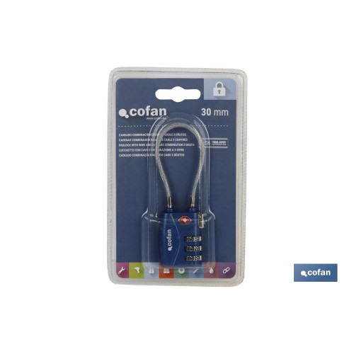 CANDADO COMBINACIÓN EQUIPAJE TSA CABLE 3 DÍGITOS 30 MM