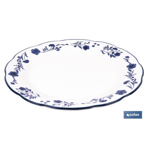 VAJILLA DE PORCELANA CON DETALLE FLORAL AZUL ESMALTADO DE FORMA IRREGULAR 18 PIEZAS