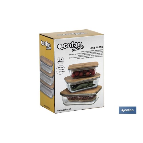 SET DE 3 RECIPIENTES DE BOROSILICATO CON TAPA DE BAMBÚ MODELO PANDA 640 ML-1040 ML -1520 ML