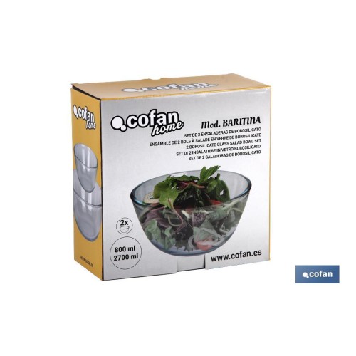 SET DE 2 ENSALADERAS DE VIDRIO BOROSILICATO MODELO BARITINA 800 ML - 2700 ML